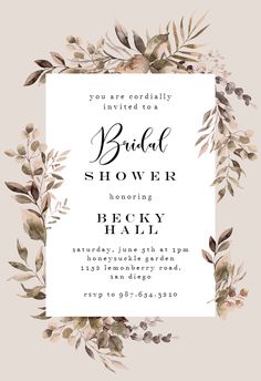 an elegant bridal shower party with watercolor flowers and greenery on the front