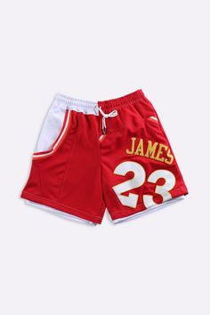 Unisex basketball shorts upcycled from a Lebron James NBA jersey and deadstock mesh. Featuring pockets and an elasticized waistband with drawstrings. Sourced and reworked in Canada Product DetailsSize: Women's M, Men's SCondition: Good vintage conditionColour: Red, white, yellow, orange Casual Athletic Shorts With Built-in Shorts For Basketball, Cotton Athletic Shorts For Basketball, Casual Basketball Bottoms For Summer, Summer Basketball Athletic Shorts With Built-in Shorts, Casual Basketball Shorts, Casual Summer Basketball Bottoms, Sporty Bottoms With Built-in Shorts For Basketball, Summer Moisture-wicking Athletic Shorts For Basketball, Summer Bottoms With Built-in Shorts For Basketball