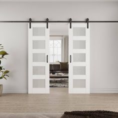 an open white sliding door in a living room with a potted plant on the floor