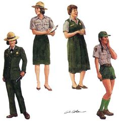 three women in green uniforms are talking on the phone and one is holding a book