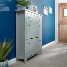 a blue and white room with a plant on top of a cabinet next to a door