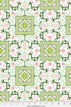 a cross stitch pattern in green, pink and white with an ornate design on it