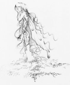 a pencil drawing of a woman with long hair and flowers on her head walking through the water