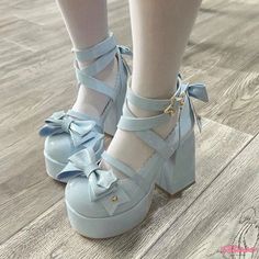 Qteee - Lolita High-heeled Shoes with Bow Knot and Star Buckle Design High Block Heels, Cute Shoes Heels, Kawaii Shoes, Summer Heels, Chunky High Heels, Blue Heels, Aesthetic Shoes, Mary Jane Heels, Chunky Platform