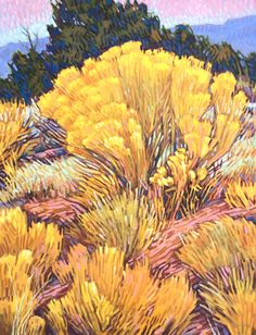 an oil painting of yellow flowers in the desert