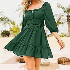 New With Tags Women’s Short Tie Back Dress - Size 2xl - Green - 3/4 Lantern Sleeves - Ruffled Hemline - Chiffon Overlay With Lining - Square Neckline - Smocked Elastic Waistline - Open Back With Adjustable Tie - Ruched Bustline - Length From Shoulder To Hemline 39” - Chest Armpit To Armpit Laid Flat 22.5 Inches Fast Shipping From A Smoke Free, Pet Free Shop Tie Back Dress, Tank Top Skirt, Mini Dress Casual, Crop Top Blouse, Back Dress, Casual Summer Dresses, Ruffle Dress, Ruffle Hem