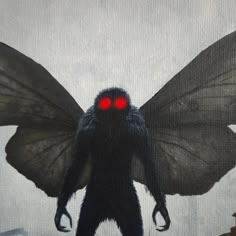 a painting of a black creature with red eyes and wings, standing in front of a clock tower