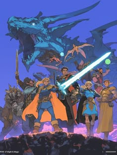 an animated image of some people standing in front of a giant dragon with two swords