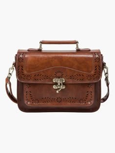 Women's Faux Leather Hollowed-Out Small Messenger Bags | ECOSUSI Aesthetic Satchel, Ipad Charger, Phone Pen, Leather Briefcase Bag, Vintage Messenger Bag, Outfits Vintage, Messenger Purse, Bags Vintage, Girly Bags