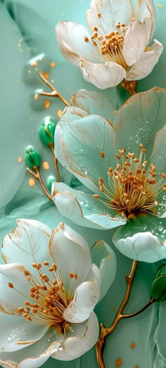 two white flowers with green leaves on a blue background and gold flecks in the center