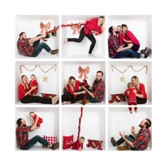 a collage of photos showing people holding presents and posing for pictures with christmas decorations