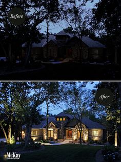 before and after shots of a house in the evening, with lights shining on it