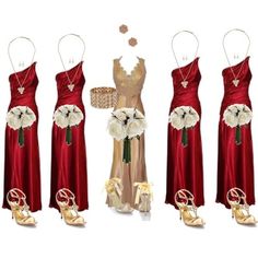 the bridesmaid's dresses and shoes are all in different colors, including red