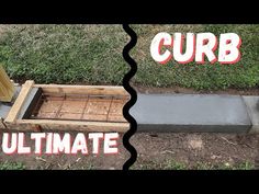 two pictures with the words curb and an image of a wooden box under it, in front of some grass