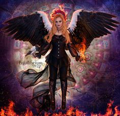 a woman with wings standing in front of a fire and flames background, wearing black clothes