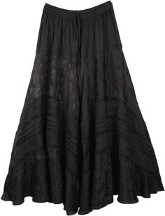 A detailed layered skirt in black with elaborate stitching and accent throughout. A flowy combination of sheers, opaque and solids. A very classy western rodeo skirt in an all year round popular color. This rayon skirt has a great fall with an elastic waist and its free-flowing around hips for a comfortable fit. This skirt has a slight handkerchief style hem and a slimming v-panel design on the lower section of the skirt. Simply elegant this very feminine skirt is a distinct reminder of the old- Fall In Europe, Boho Black Dress, Reading Poetry, Weird Girl, Blush Skirt, Western Skirts, Feminine Skirt, Rayon Skirt, Tiered Skirts