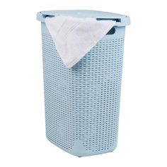 a blue laundry basket with a white towel on top