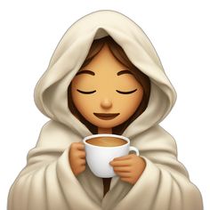 a woman in a robe holding a cup of coffee