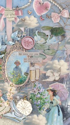 an altered collage with flowers, umbrellas and other items