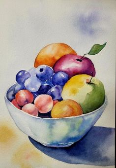 a watercolor painting of fruit in a bowl