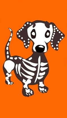 a dog with a skeleton on it's chest is standing in front of an orange background