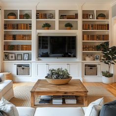 a living room with bookshelves, couches and a coffee table in front of the tv