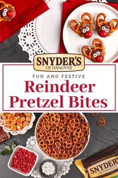 reindeer pretzel bites on a plate with candy and other snacks in the background