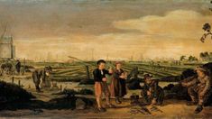 an old painting with people and animals in the foreground, one man is talking to another