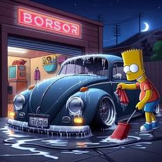 a cartoon character washing a car in front of a store