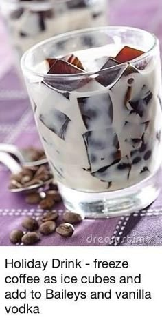 a glass filled with ice cream and coffee beans