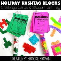 some colorful pieces of puzzles on a white background with text reading holiday hashtag blocks challenge cards & student gift tags