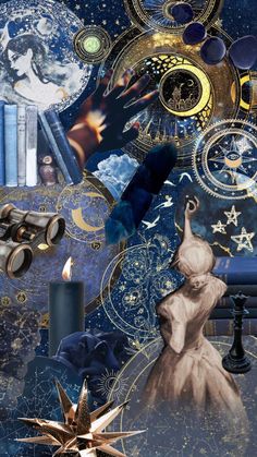 a collage of various items including a star, telescope and other things in the background