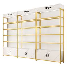 three white and gold shelving units with logo on the top one has marbled shelves