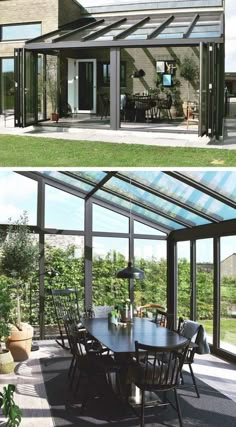 the inside and outside view of a house with glass walls, patio furniture and dining table