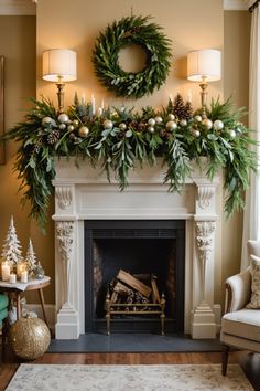 a living room decorated for christmas with wreaths and greenery on the mantel