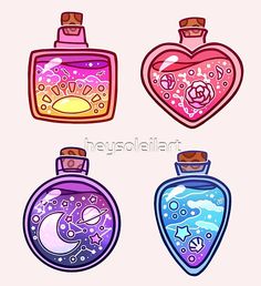 four different colored flasks with hearts and stars on the top one is filled with liquid