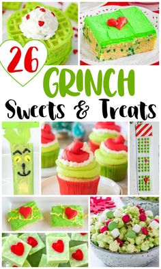 many different desserts and treats with the words, 26 crunch sweets & treats on them