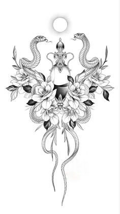 a black and white drawing of two snakes on top of flowers with the moon in the background