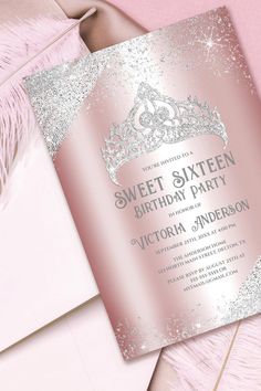 a pink and silver birthday party card with a tiara on it