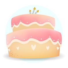 two layered cake with pink frosting and hearts on the top, sitting in front of a white circle