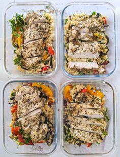 four plastic containers filled with chicken, rice and veggies covered in seasoning