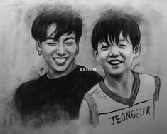 two young boys are laughing together in this drawing