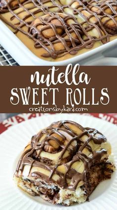 nutella sweet rolls on a plate with chocolate drizzled over them and the words, nutella sweet rolls