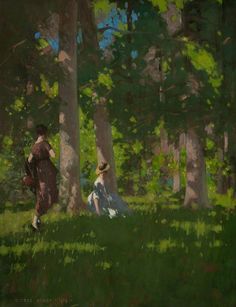 a painting of two women in the woods