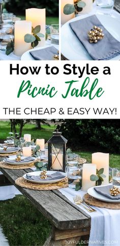 an outdoor picnic table with candles and place settings