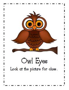 an owl is sitting on a branch with the words owl eyes look at the picture for clues