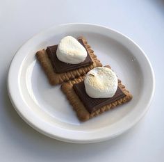 two crackers topped with marshmallows and chocolate on top of a white plate