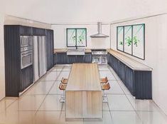 a drawing of a kitchen with an island and stove