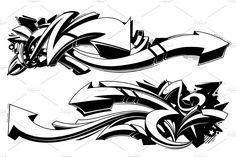 an abstract black and white graffiti font design with arrows, stars and swirls on a white background