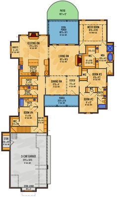 the floor plan for a home with swimming pool and large living room, kitchen and dining area